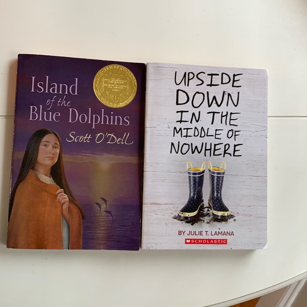3/$15 new 2 fiction books Island of Blue Dolphins, Upside Down in Middle Nowhere